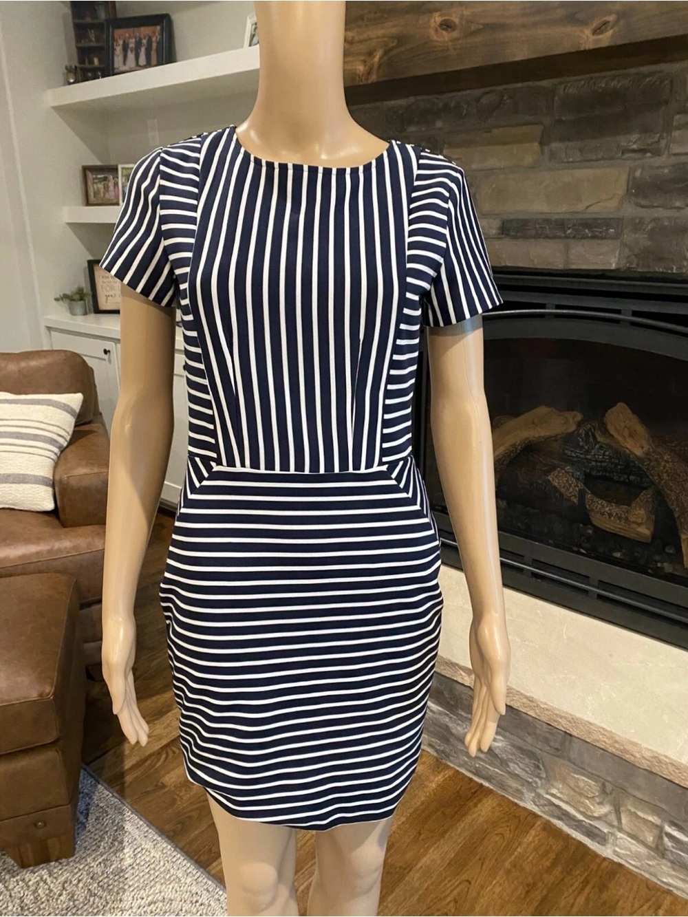 Navy and White Striped Short-Sleeve Mini Dress Size M